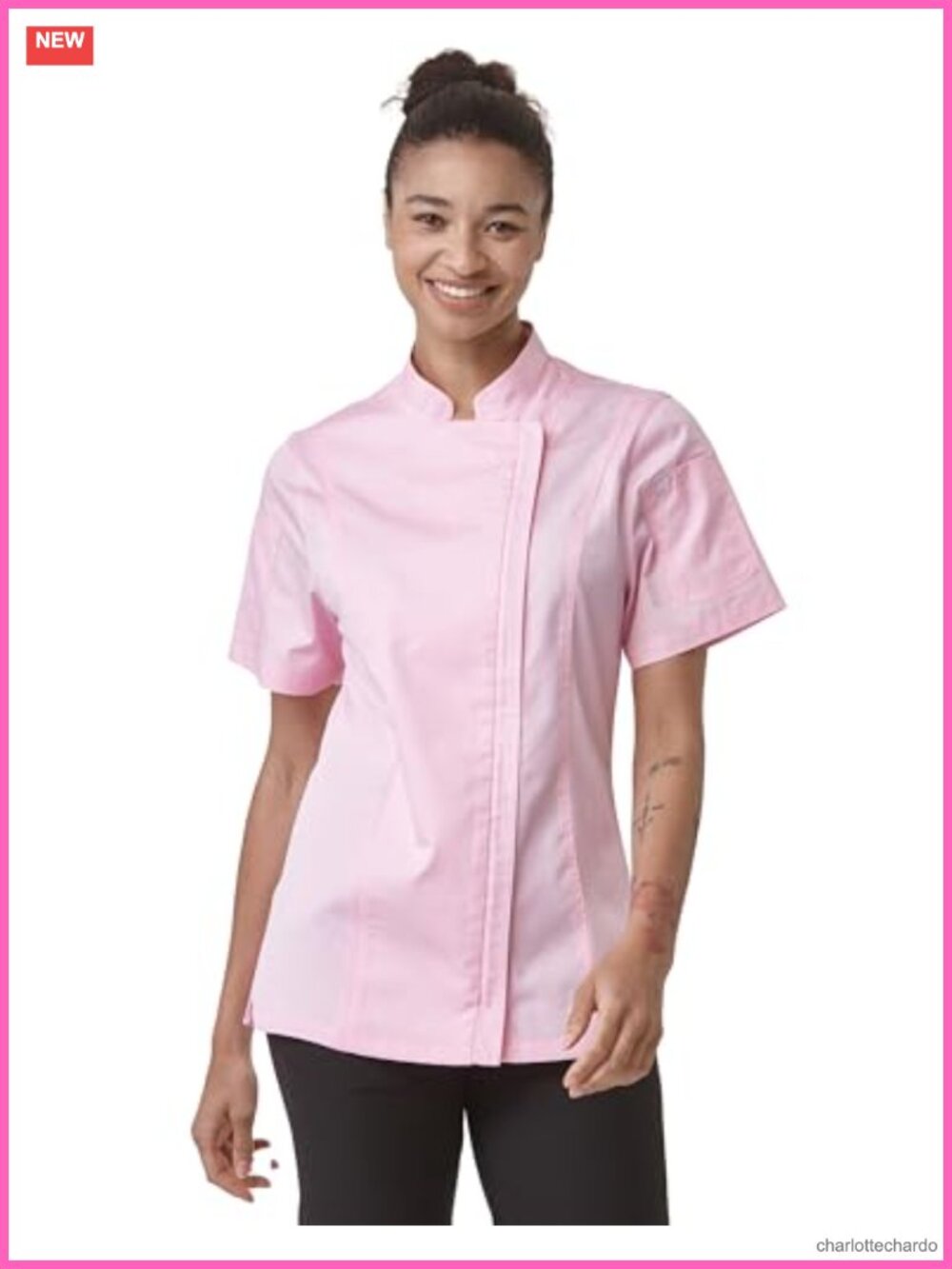 Women's Short Sleeve Chef Jacket with Zipper, 65% Polyester 35% Cotton,